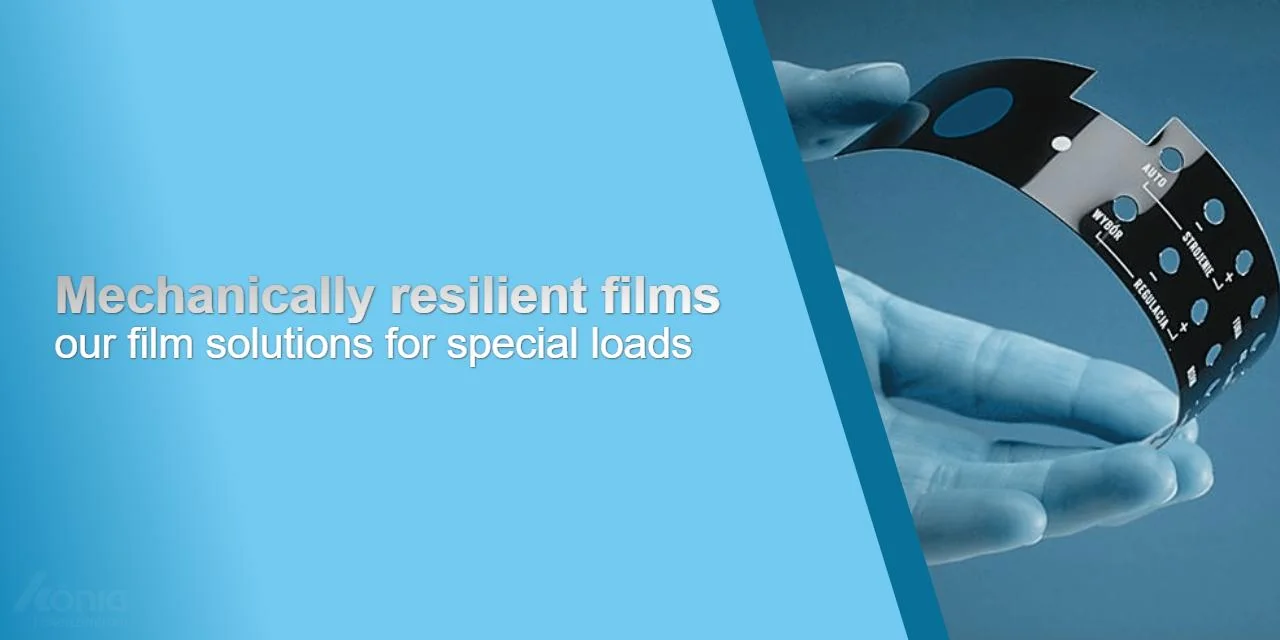 An image of a hand deforming a component made of film. Accompanying text: Mechanically resilient films – our film solutions for special loads.