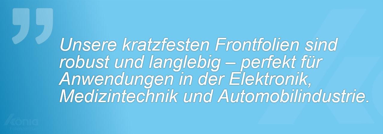 Bild zeigt ein Zitat zu den Einsatzbereichen von Tastaturfolien in Elektronik, Medizintechnik und Automobilindustrie